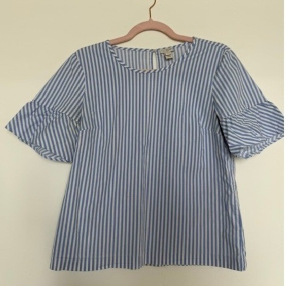 J.Crew Blue & White Mini Stripe Ruffle Sleeve Top | Bell Sleeve | Size Small